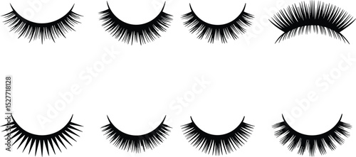Vector eyelash set, dramatic false lash styles, beauty makeup elements, black lash silhouettes, elegant eye lash collection for cosmetics