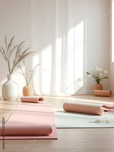 Serene yoga studio interior featuring rolled mats dried flowers and natural light