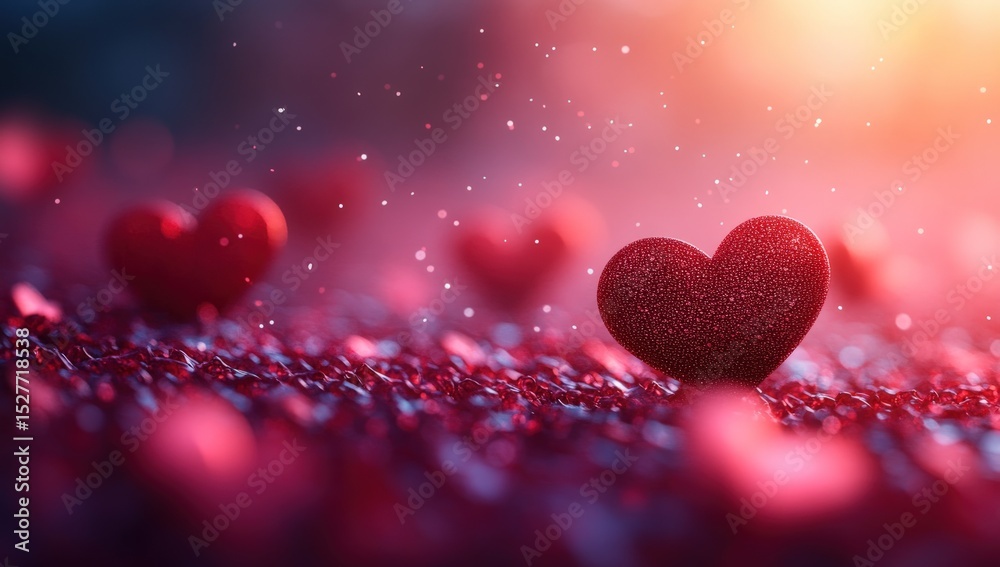 Romantic heart-shaped decorations on a sparkling, reddish backdrop Romantic heart-shaped decorations on a sparkling, reddish backdrop