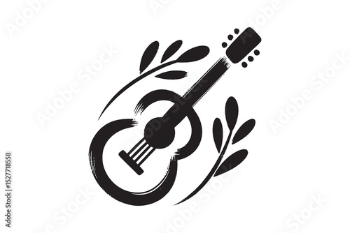 Guitar with leaves, bold ink brush style, vector illustration