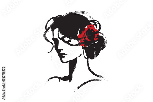 Spanish woman portrait with flower, ink brush style, vector illustration

