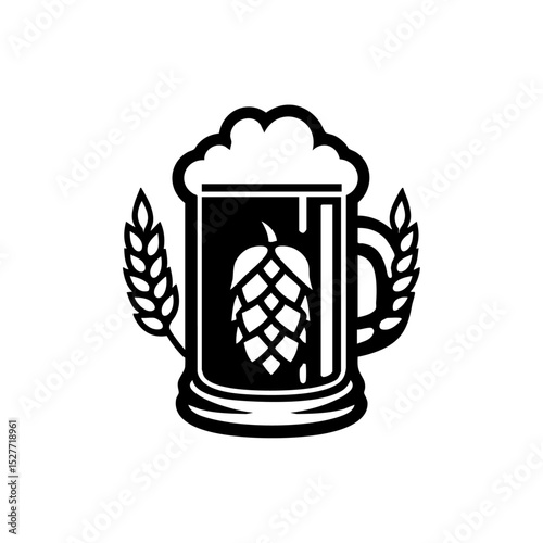 Classic beer mug icon filled with foam, flanked by barley and hops in a vintage style.

