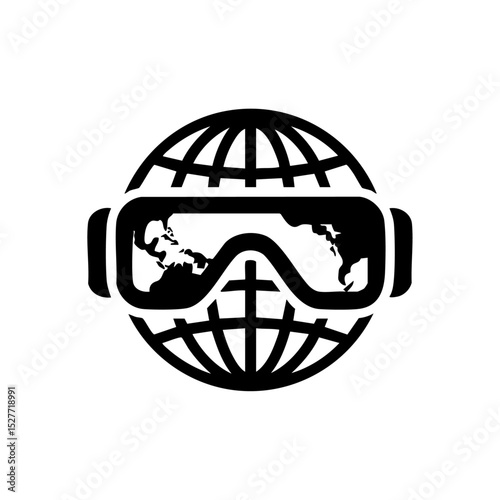 Vector logo of a virtual reality headset over a globe, symbolizing immersive global experiences.
