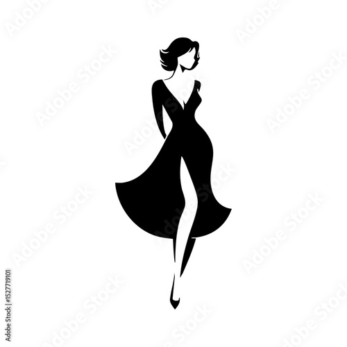 Elegant black vector logo of a stylish woman in a flowing dress silhouette. Fashion-inspired minimalist logo ideal for boutiques or beauty branding.



