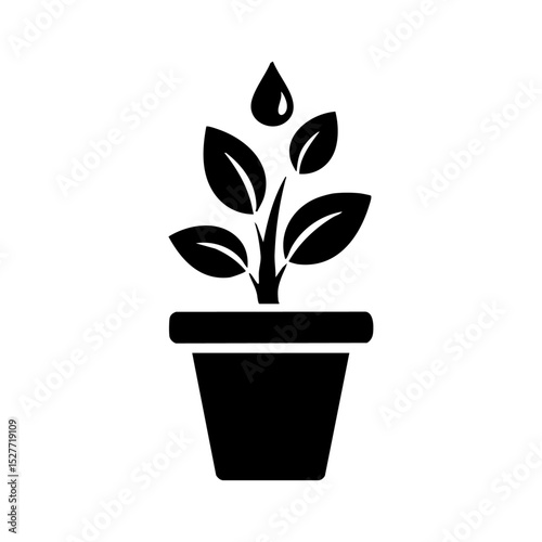Black vector icon of a potted plant being watered, representing growth and care.

