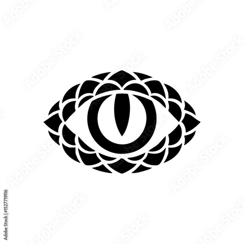 Black vector logo of a reptile eye surrounded by scale pattern, symbolizing wild instincts and sharp vision.

