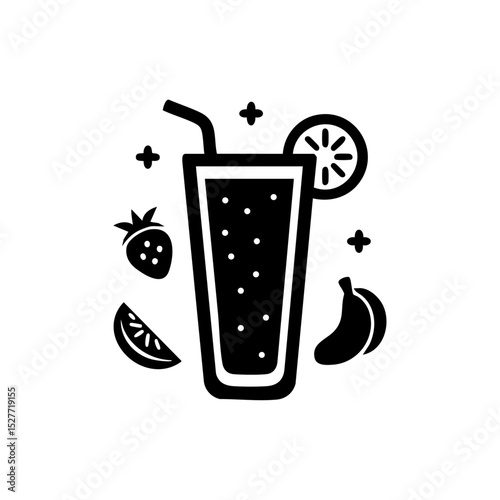 Vector illustration of a fruit smoothie with a straw surrounded by tropical fruits.

