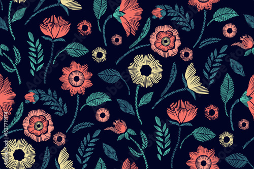 Floral Seamless Pattern with Embroidered Flowers and Leaves Vector