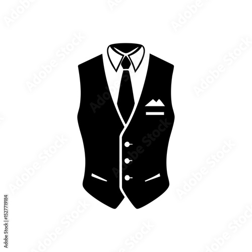 Vector logo of a formal waistcoat with tie and pocket square, representing classic style.

