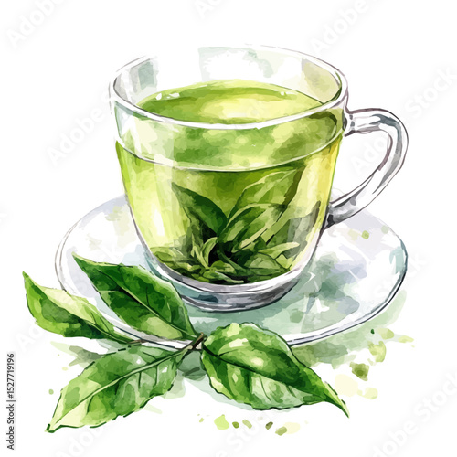 watercolor vector of Green Tea, high quality, isolated on a white background.
