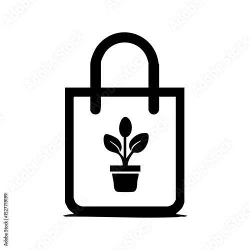 Eco friendly shopping bag with green plant illustration inside. Reusable tote bag graphic promoting zero waste and green living.



