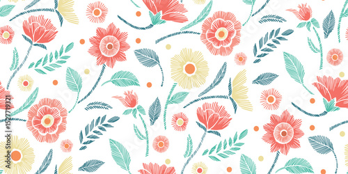 Floral Seamless Pattern with Embroidered Flowers and Leaves Vector