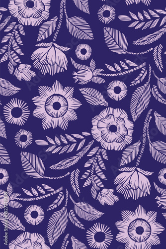 Floral Seamless Pattern with Embroidered Flowers and Leaves Vector