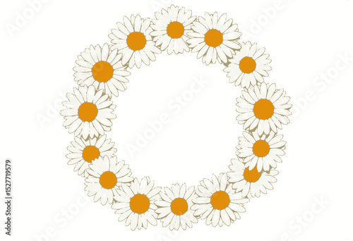 Floral wreath made of white daisies with yellow centers  