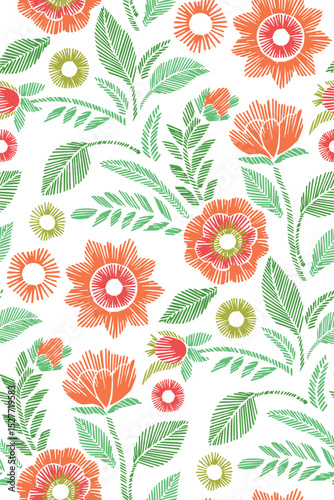 Floral Seamless Pattern with Embroidered Flowers and Leaves Vector