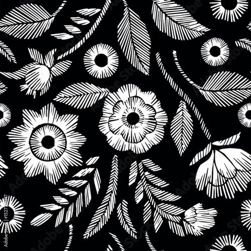 Floral Seamless Pattern with Embroidered Flowers and Leaves Vector