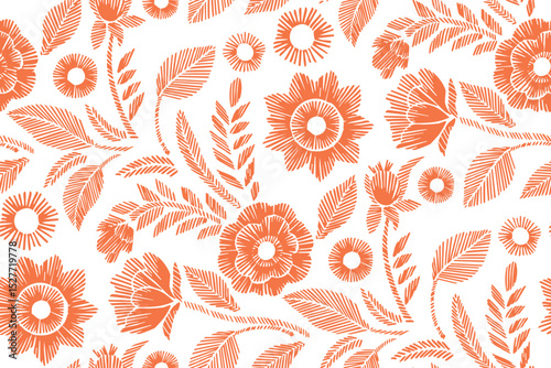 Floral Seamless Pattern with Embroidered Flowers and Leaves Vector