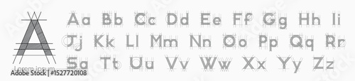  Architectural project font, technical draw style alphabet. Geometrical typography. Wireframe letters, typographic design with draft strokes for architecture logo and headline. Isolated vector typeset