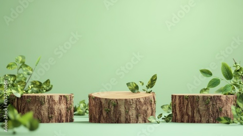 Serene Green Nature Scene with Wooden Tree Stump Displays