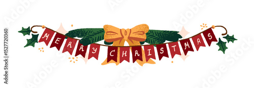 Merry Christmas on bunting garland with ribbon bow, branches of fir tree. Xmas banner with flags. Winter holiday decor, New Year decoration. Flat isolated vector illustration on white background