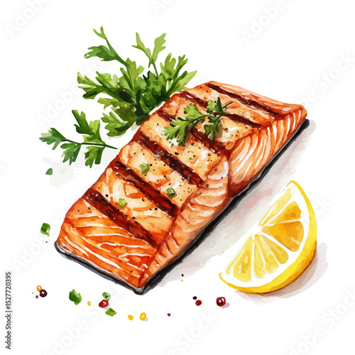 Grilled Salmon, watercolor drawing vector, high quality, isolated on a white background.