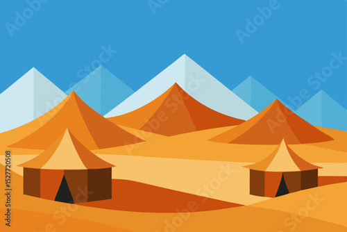Desert Oasis Nomadic Tents and Majestic Mountains Under a Vivid Sky