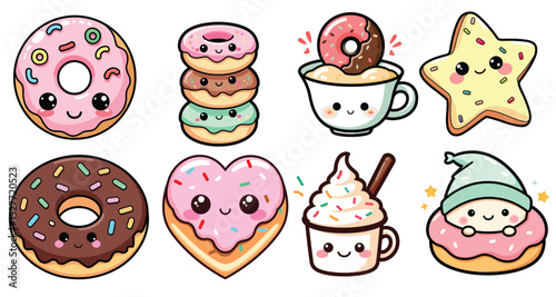 Cute kawaii donuts coffee ice cream vector illustration colorful fun design