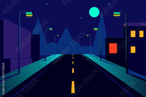 Night Cityscape A Serene Drive on an Empty Road Under the Moonlight