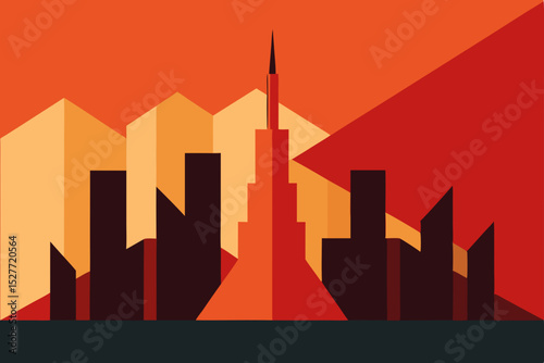 Geometric Cityscape Abstract Urban Design in Fiery Hues