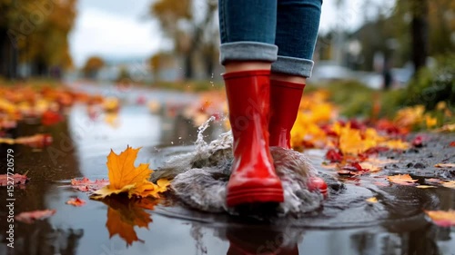 Close-up of legs in red rubber boots walking through a puddle on a wet street covered with fallen autumn leaves. Reflections of trees, rainy weather. Video on the topics of autumn, rain