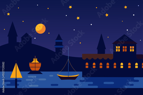 Serene Nighttime Harbor A Picturesque Coastal Town Under the Moon and Stars