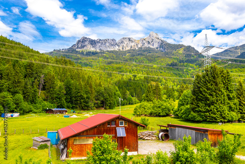 Alpine landscape panorama huts hut at Säugling Saeugling mountain Austria.