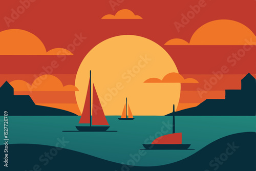 Orange sun setting over the tranquil sea with a solitary boat sailing across the water, a perfect summer landscape