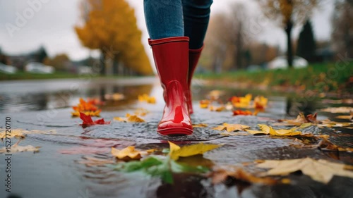 Close-up of legs in red rubber boots walking through a puddle on a wet street covered with fallen autumn leaves. Reflections of trees, rainy weather. Video on the topics of autumn, rain