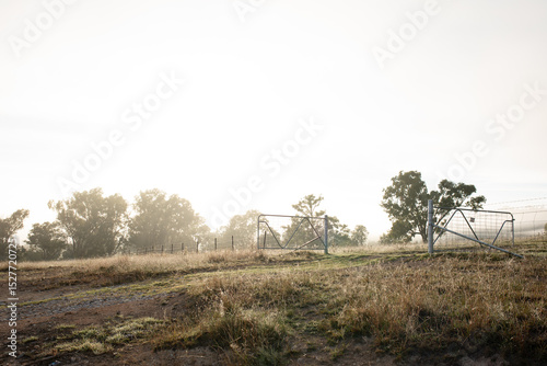 Open gates leading to paddock on a foggy morning in rural New South Wales