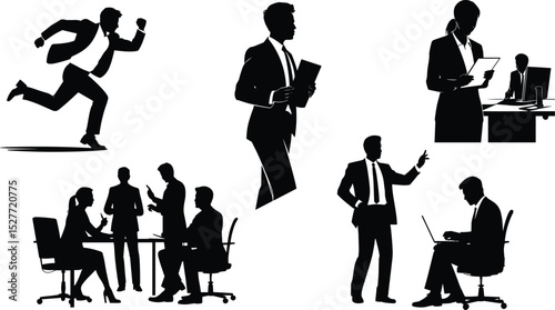 Professional Business Silhouettes: Office Work, Meetings, and Success in Black and White Artwork flat vector illustration