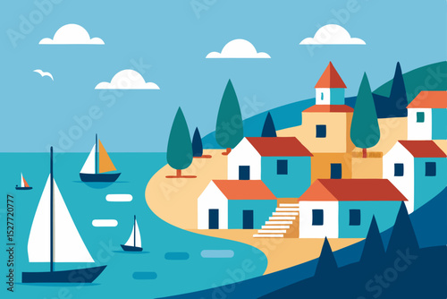 Coastal Village Seascape Idyllic Summer Scene of Sailboats and Houses by the Sea