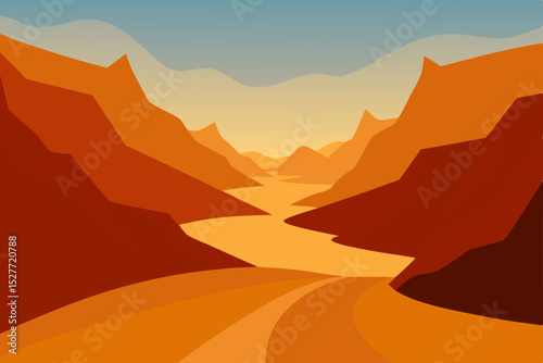 Serene Desert Canyon Landscape Sunset Hues and Winding Road