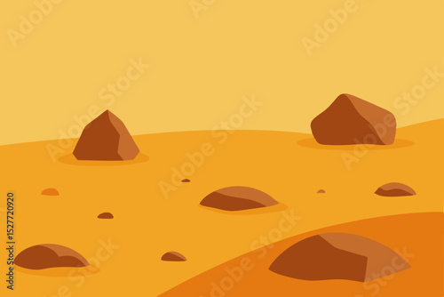 Mars-like Desert Landscape Orange Planet Surface with Scattered Rocks