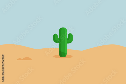 Desert Landscape Lone Cactus in Sandy Dunes, Minimalist Illustration