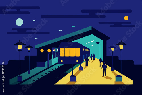 Night Train Station A Flat Design Illustration of Urban Transportation at Night