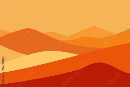 Vector illustration of a desert landscape with sand dunes, mountains, and a vibrant orange sunset sky