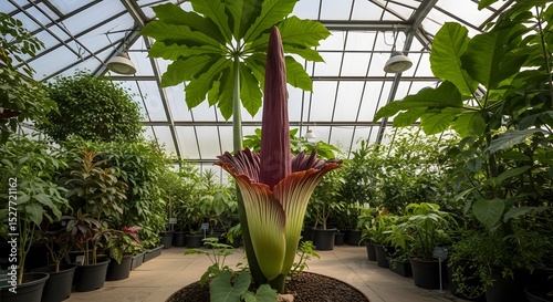 Titan Arum in Botanical Haven: A towering titan arum plant, its massive bloom a spectacle of nature's artistry, thrives in a well-lit botanical garden. surrounded by other flourishing flora.