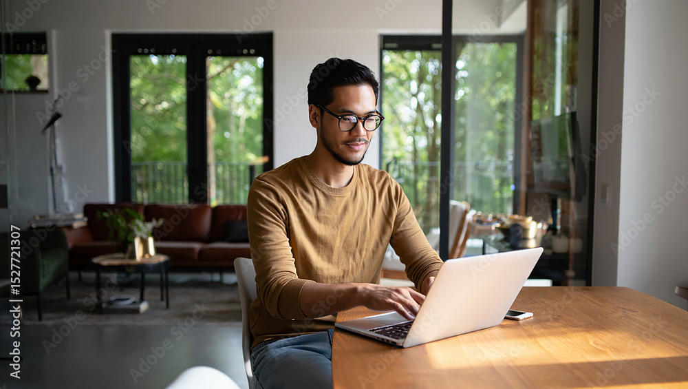 Fototapeta premium Focused young man working from home on laptop