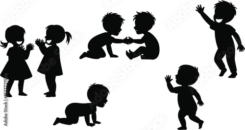 Baby and Toddler Silhouettes: Playful Interaction, Crawling, Walking, and Socializing Scenes flat vector illustration
