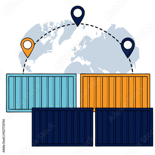 Vector Illustration in Blue and Orange Colors for International Logistics Container Tracking Map