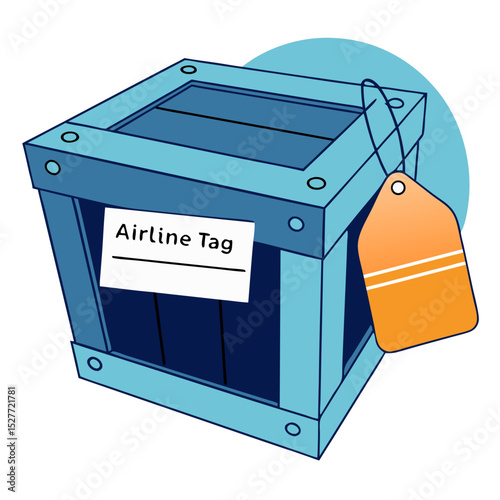 Vector Illustration in Blue and Orange Colors of Crate with Airline Tag for International Logistics