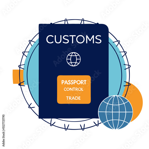Customs passport with globe symbol in blue and orange, representing international logistics and currency symbol parcel vector - 2