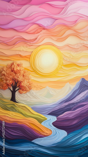 Colorful layered paper art landscape with river, tree and bright sun.
