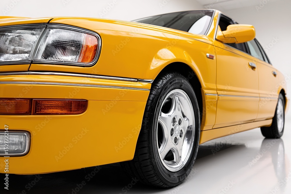 Fototapeta premium Yellow car at three-quarter angle, high-resolution photo with crisp details on clean white background.